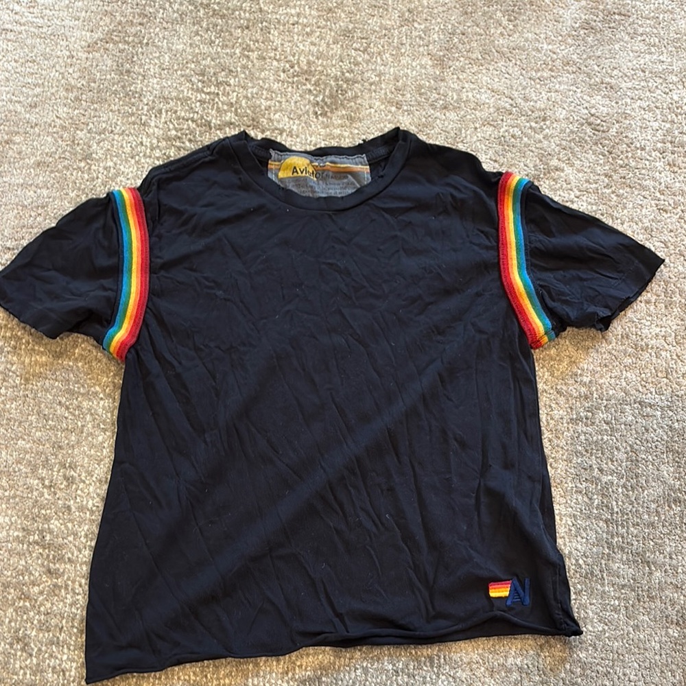 Aviator Nation Black and Red Short Sleeve Tee with Rainbow Stripes